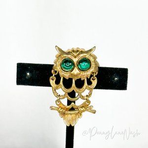 Vintage Gold Owl w/ Large Green Stone Eyes Pin Brooch